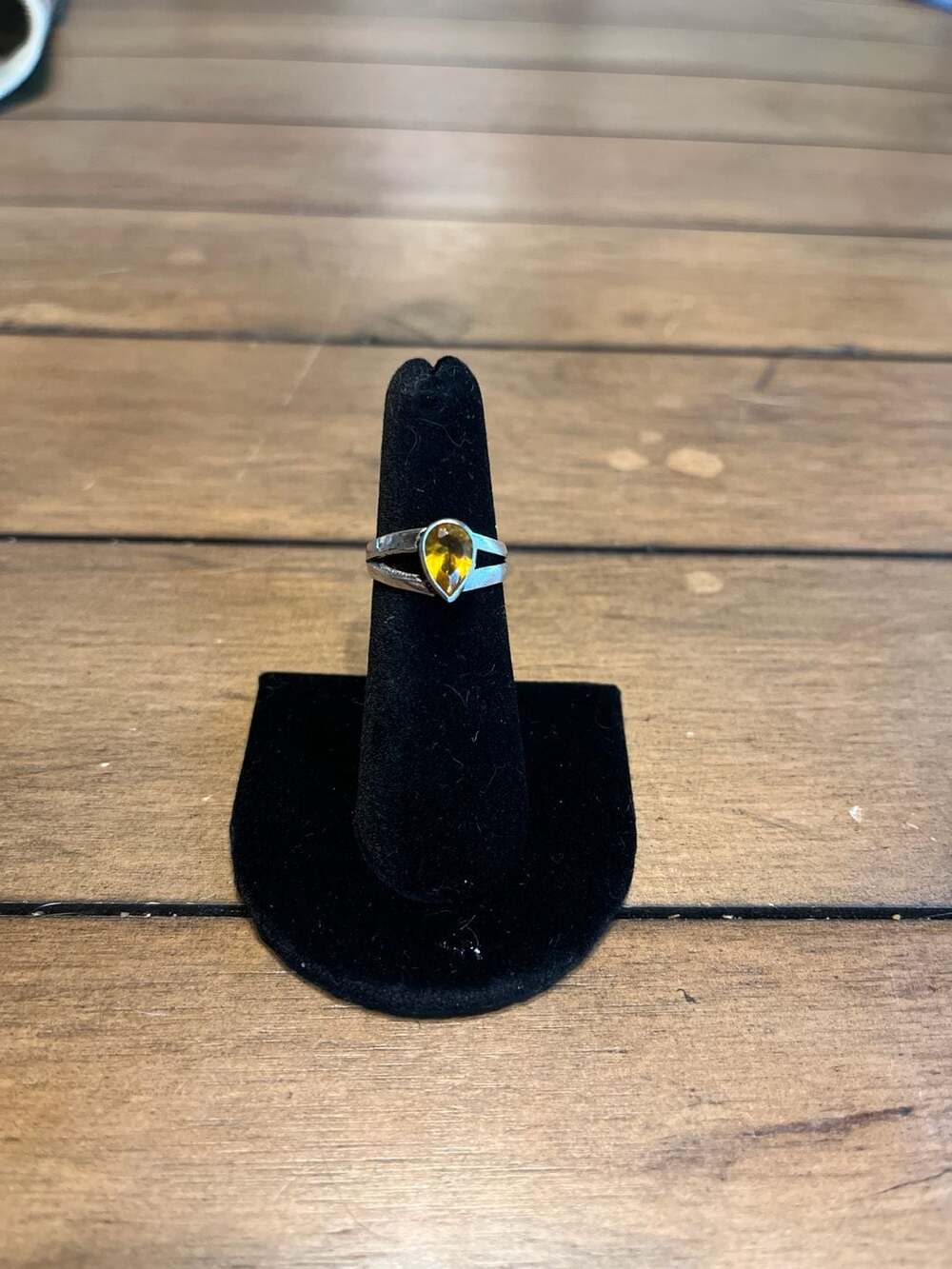 Sterling Silver Bezel Set Teardrop Citrine Split Shank Ring
